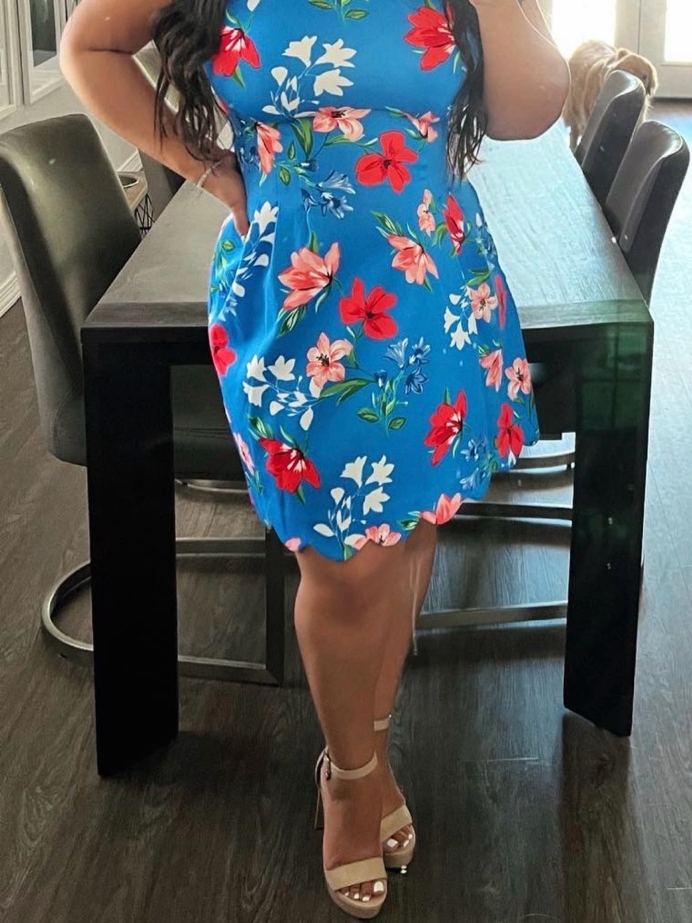 Vince Camuto Bright Blue Floral Sundress with Red & Pink Blooms